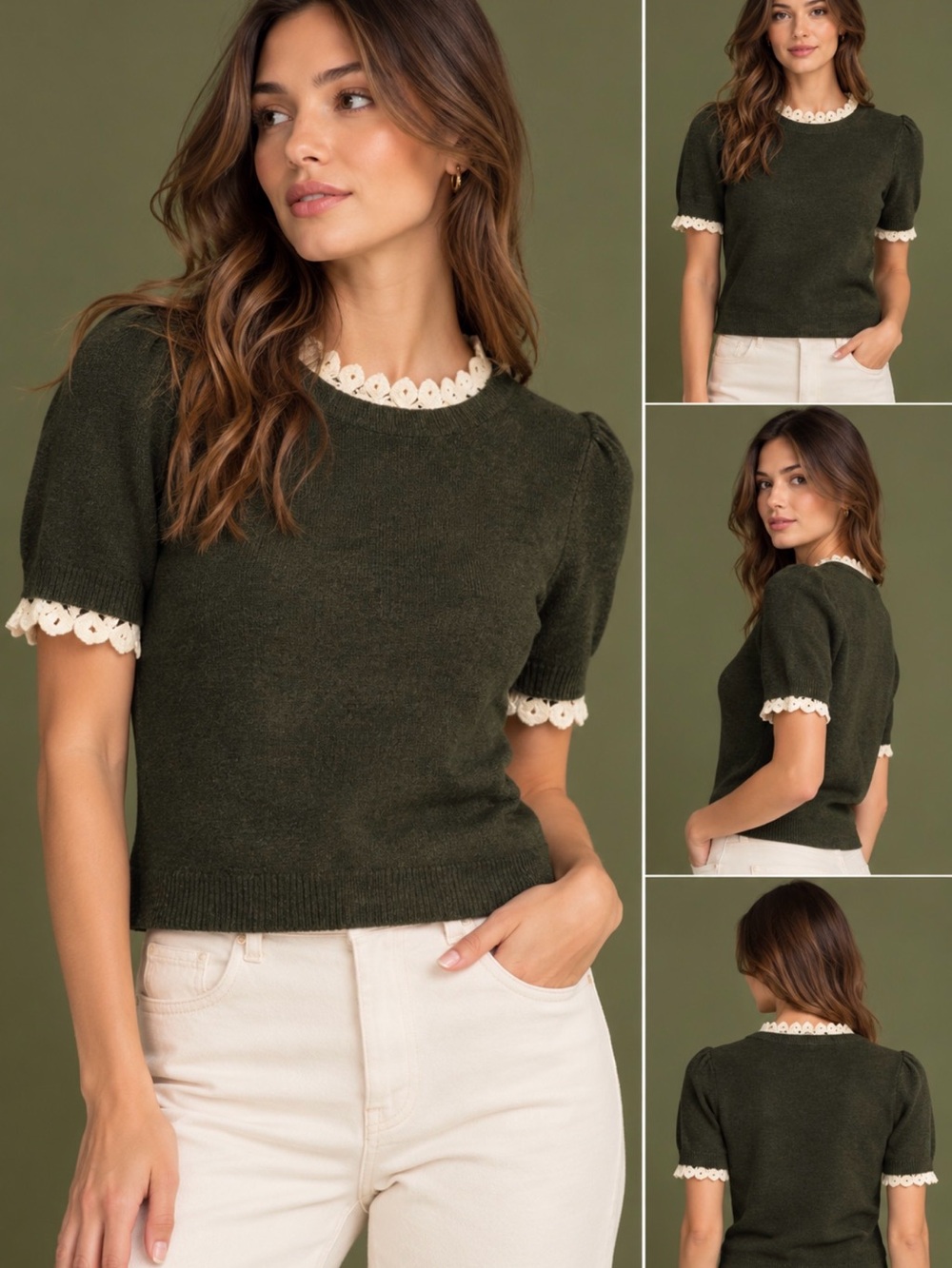 Caroline Constas Kids Dark Green Sweater with Cream Lace Trim